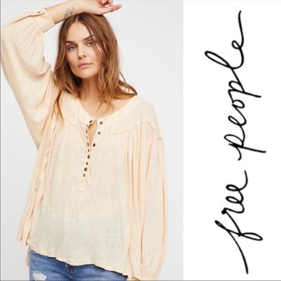 Free People We the Free Peach Henley Hi Low Hemline Long Sleeve Top Size XS - Picture 1 of 6